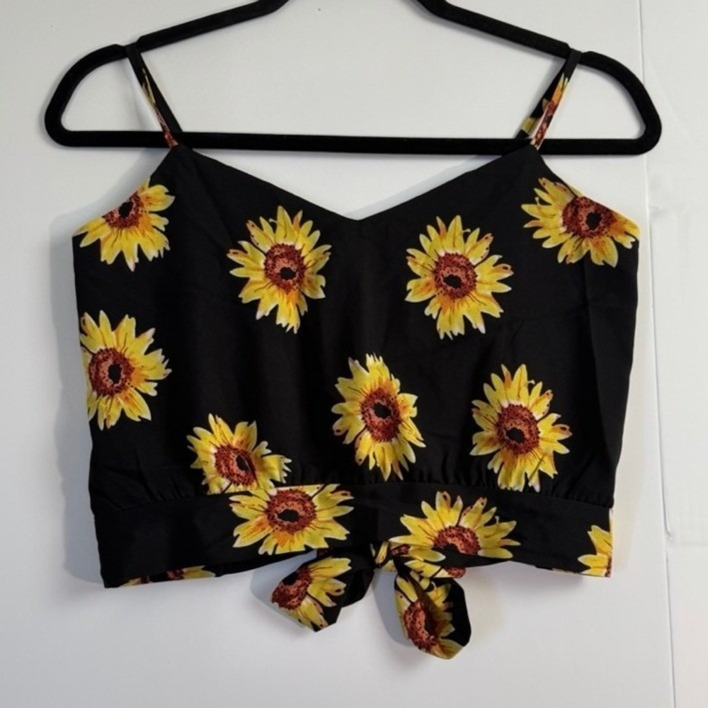 Sunflower Print Tie Back Crop Top Black Yellow Floral Camisole Adjustable Straps